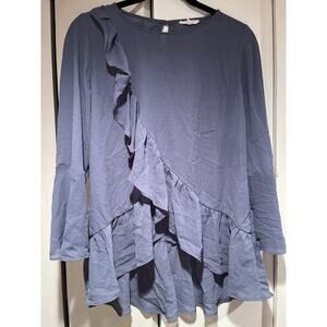 Pleione Women's Small Top Blue Ruffled Blouse Flutter Sleeves Asymmetrical Hem